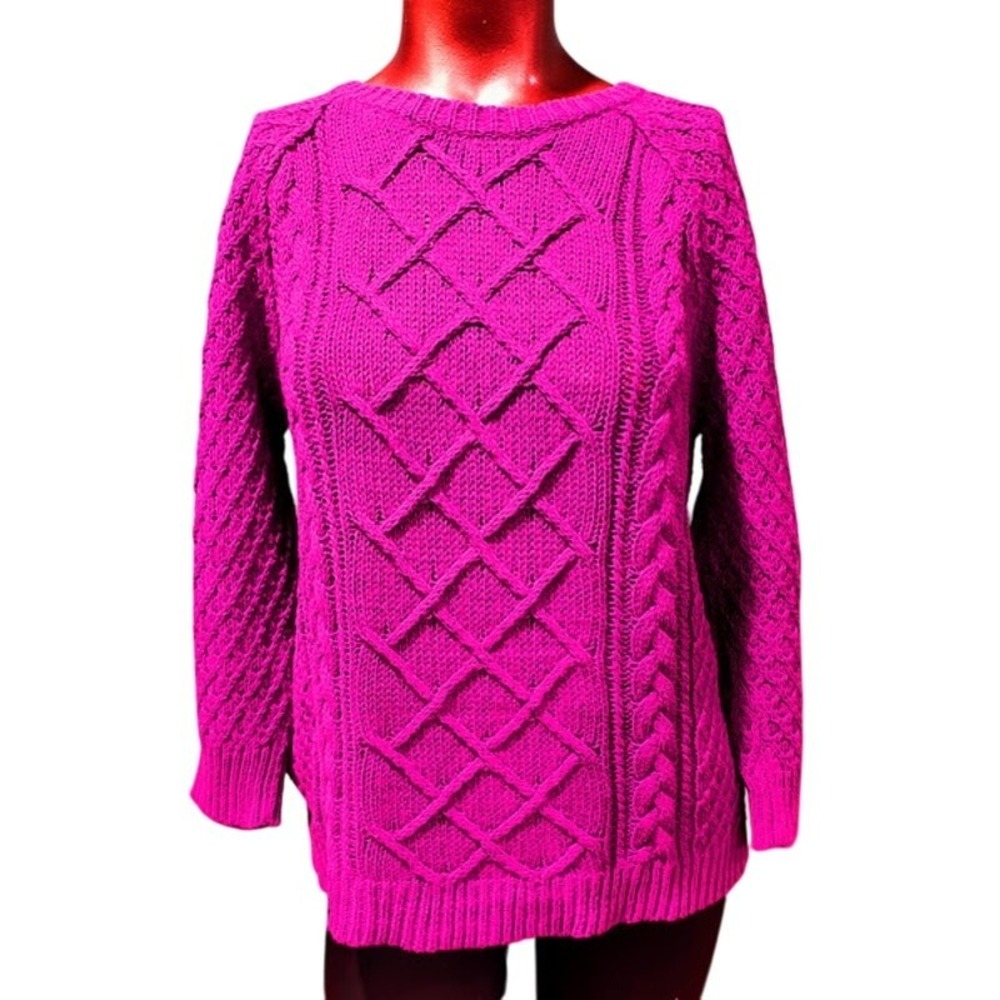 LOFT 3/4 Sleeve Very Textured Cotton Crew Neck Sweater, Fuchsia, Sz M